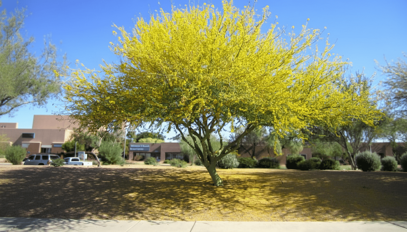 A vibrant palo verde tree with bright yellow blossoms stands prominently in a desert landscape under a clear blue sky.