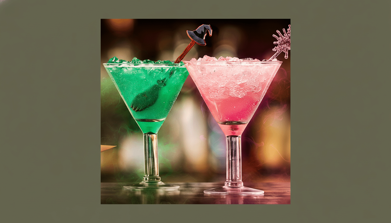 Two cocktails, one green and one pink, in martini glasses with ice and decorative stirrers, set against a blurred background.