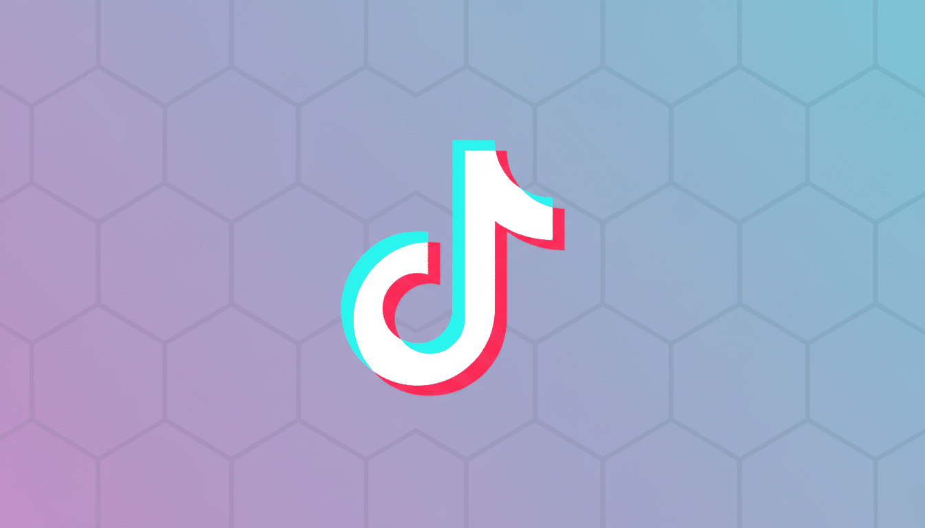 The TikTok logo, a white musical note with cyan and red shadows, centered on a professional background with a soft gradient from purple to blue and a subtle hexagonal pattern.