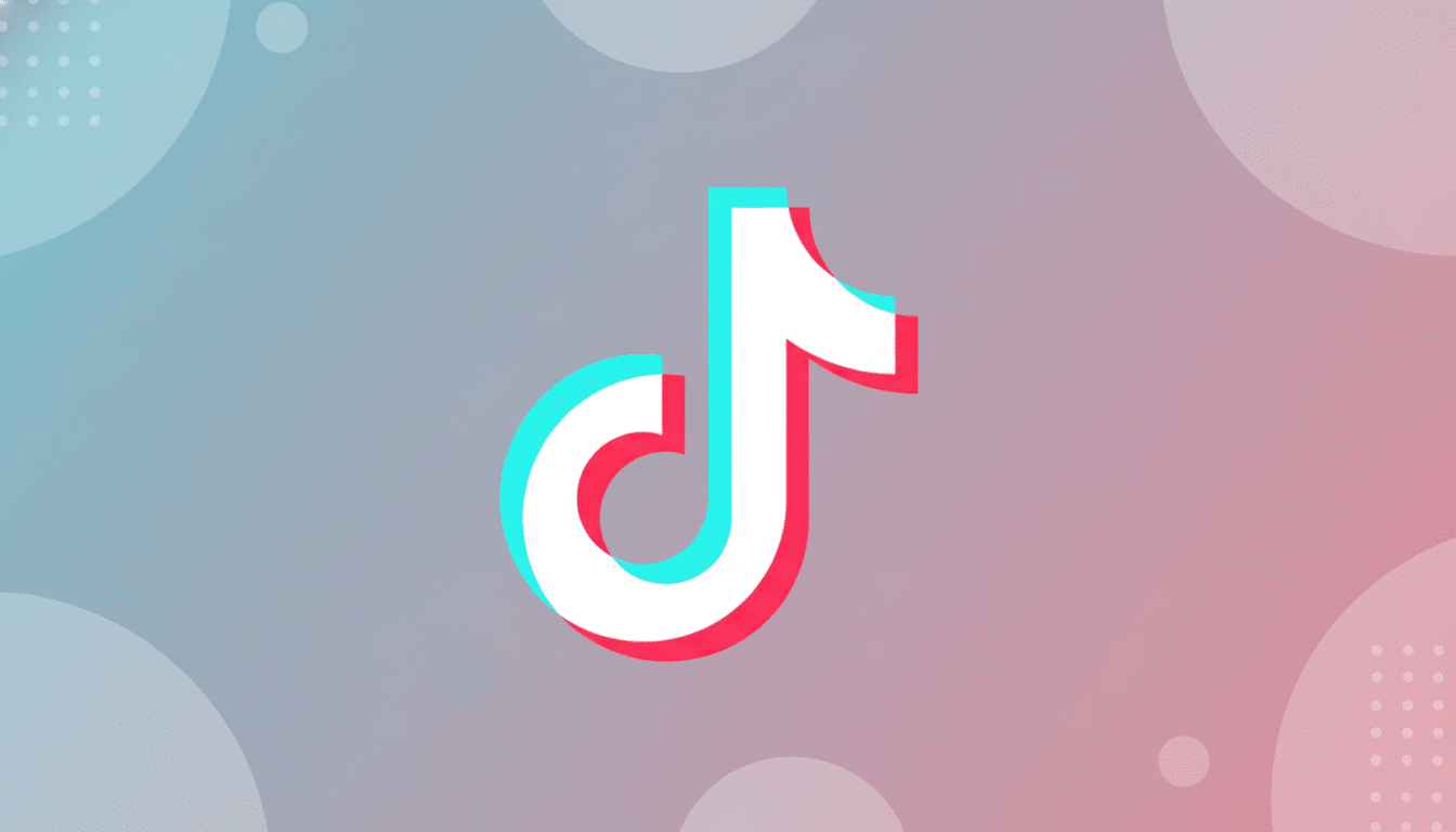 The TikTok logo, a white musical note with cyan and red shadows, centered on a professional flat design background with soft blue and pink gradients and subtle geometric patterns.