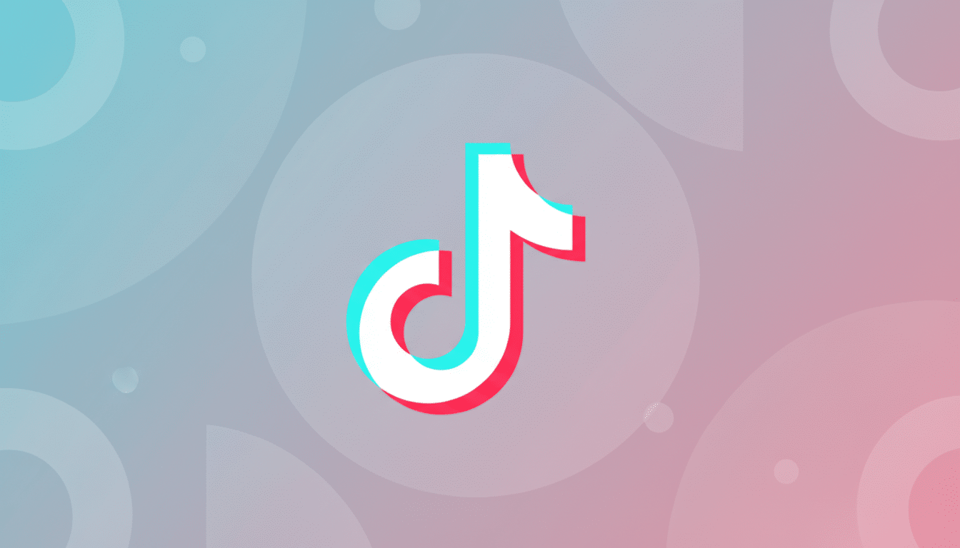 The TikTok logo, a white musical note with cyan and red shadows, centered on a professional flat design background with a soft gradient from blue to pink and subtle circular patterns.