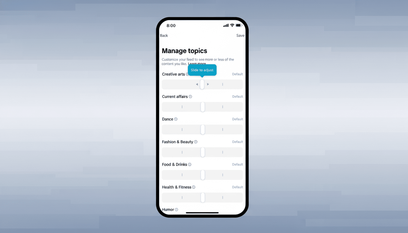 A smartphone displaying a Manage topics screen with various categories like Creative arts, Current affairs, and Dance, each with a slider to adjust content preferences.
