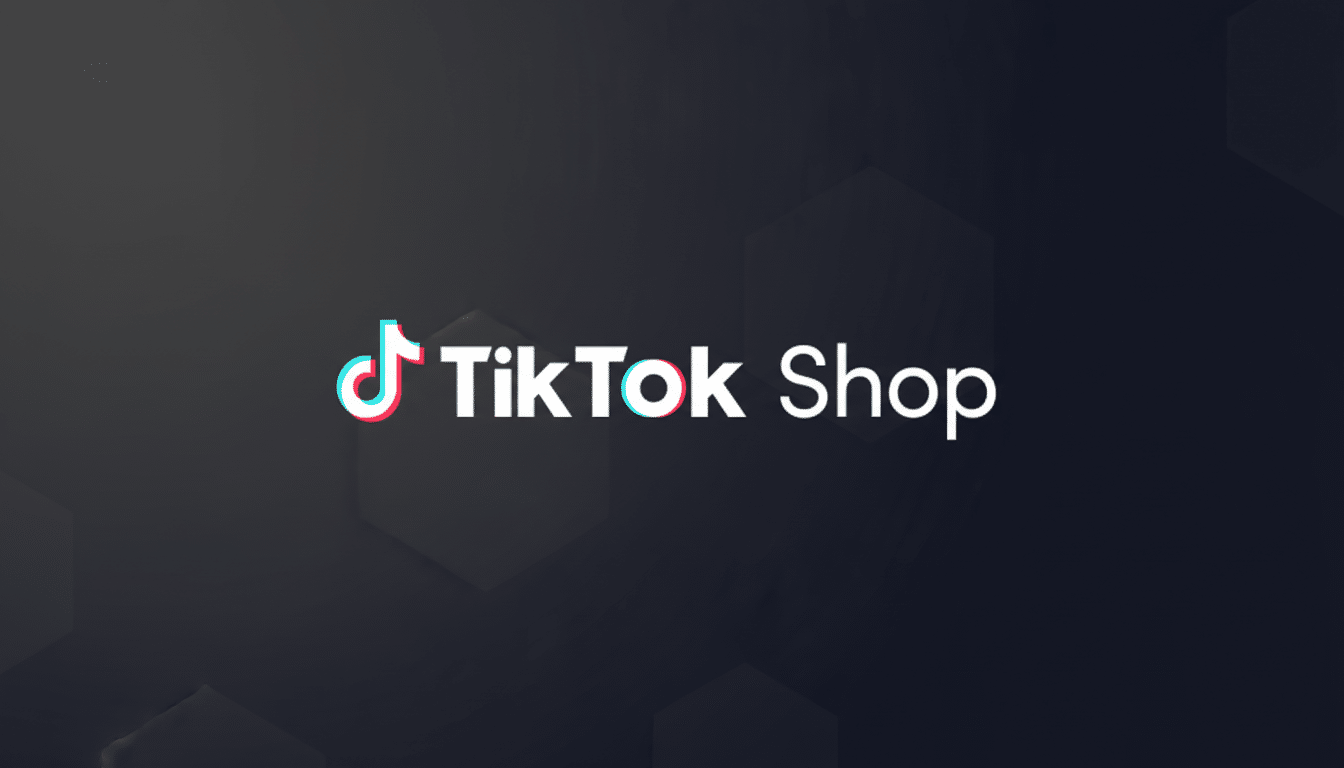 The TikTok Shop logo is displayed on a dark gray background with subtle hexagonal patterns. The logo features the iconic TikTok music note icon in red, blue, and white, followed by the words TikTok Shop in white text.