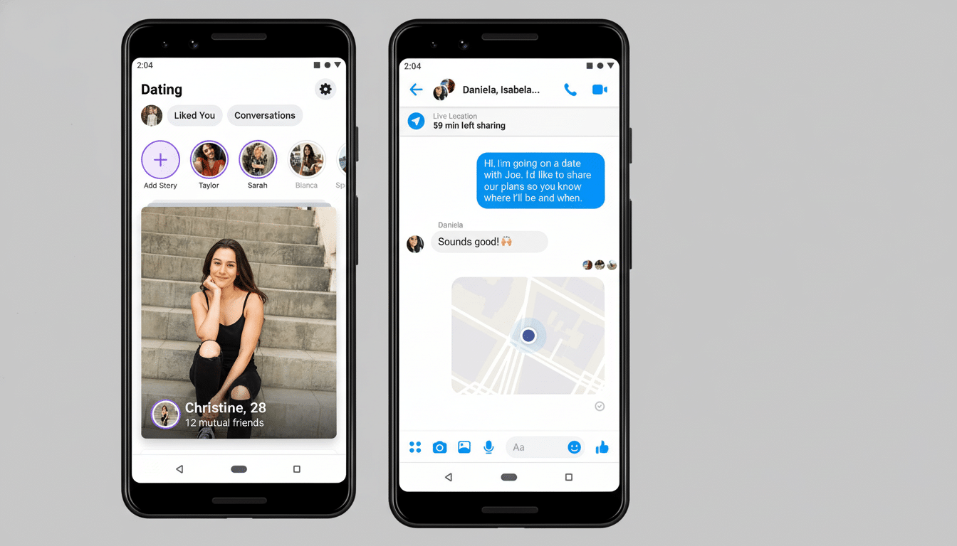 A 16:9 aspect ratio image showing two smartphone screens side-by-side. The left screen displays a dating app interface with a profile of Christine, 28 and other user profiles. The right screen shows a messaging app conversation with a live location sharing feature active.