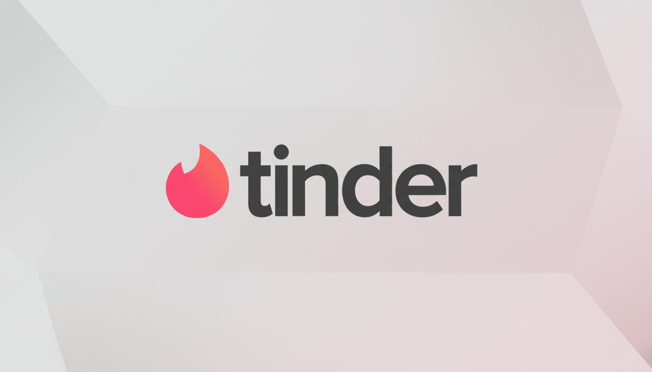 The Tinder logo, featuring a red-orange flame icon to the left of the word tinder in black lowercase letters, presented on a light gray background with subtle geometric patterns and soft gradients.