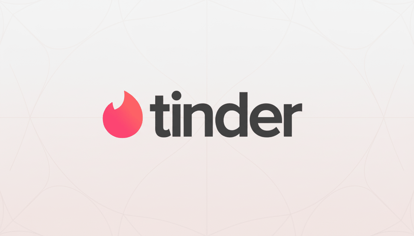 The Tinder logo, featuring a stylized red-orange flame icon to the left of the word tinder in black lowercase letters, presented on a light gray background with subtle, soft geometric patterns and a hint of pink gradient.