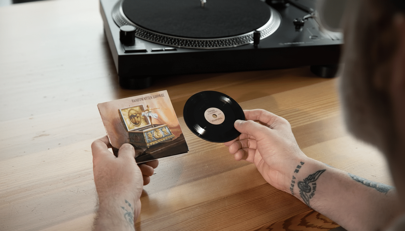 A person holding a small vinyl record and its album art, with a turntable in the background.