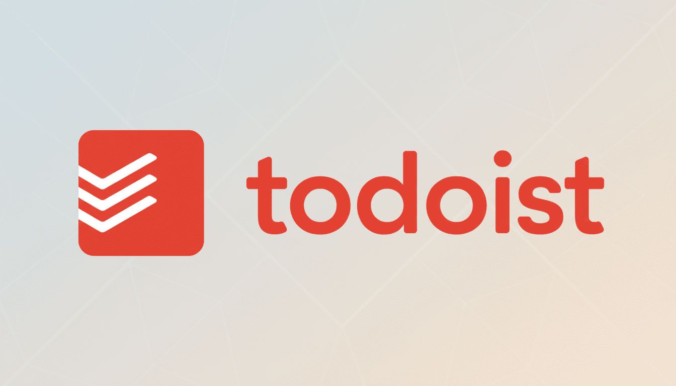 The Todoist logo, featuring a red square icon with three white checkmarks and the word todoist in red text, presented on a professional flat design background with soft patterns and gradients.