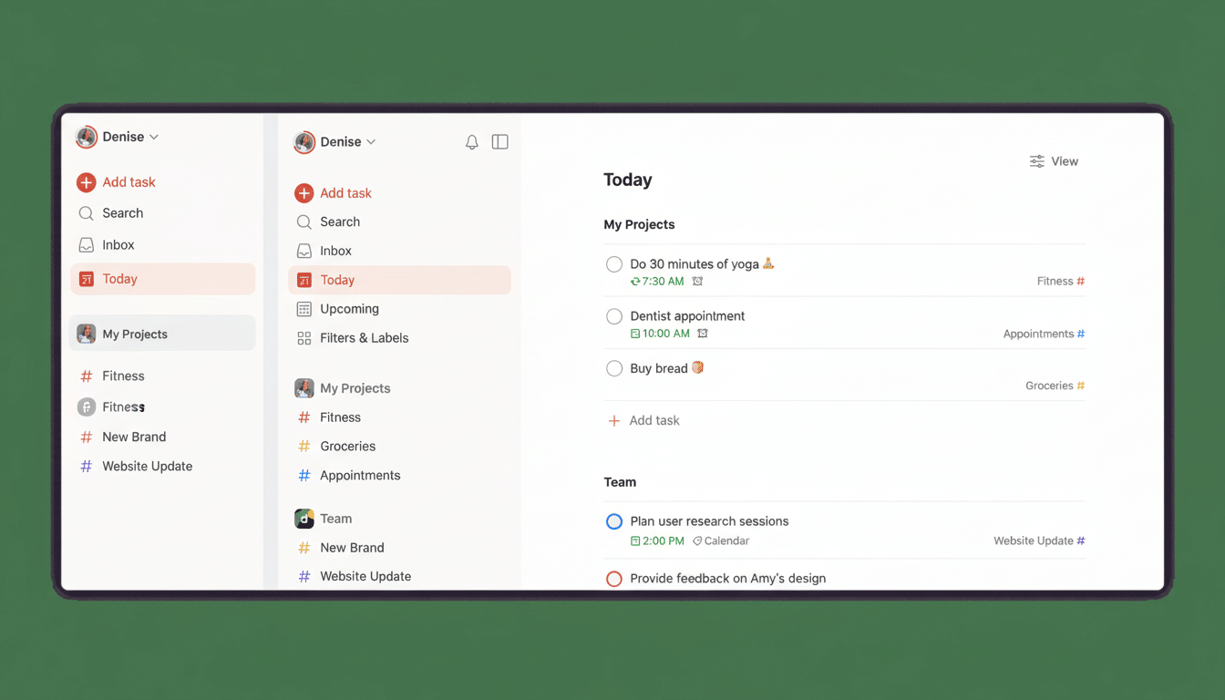 A professional screenshot of a task management application interface, resized to a 16:9 aspect ratio. The interface displays a Today view with My Projects and Team sections, listing tasks such as Do 30 minutes of yoga, Dentist appointment, Buy bread, Plan user research sessions, and Provide feedback on Amys design. The sidebar shows navigation options like Add task, Search, Inbox, Today, Upcoming, Filters & Labels, and various project categories. The background remains unchanged, preserving the original context of the application.