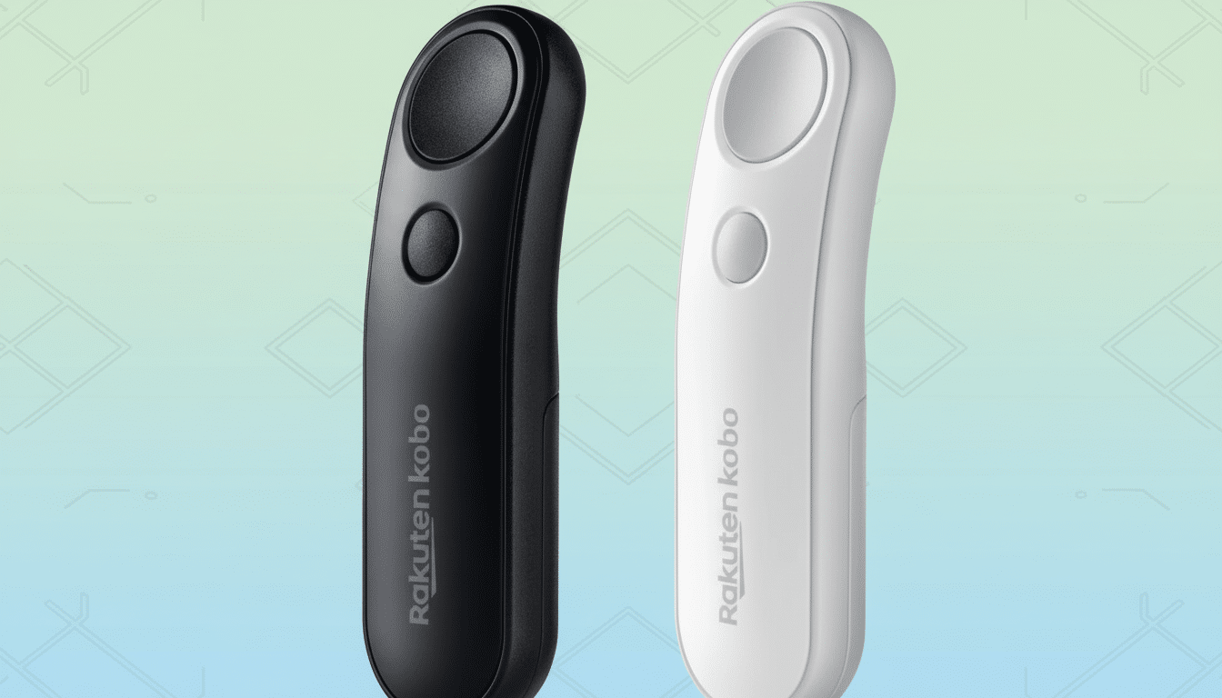 A black and a white Rakuten Kobo e-reader remote control, presented side-by-side on a professional flat design background with soft patterns and a gradient from light green to light blue.