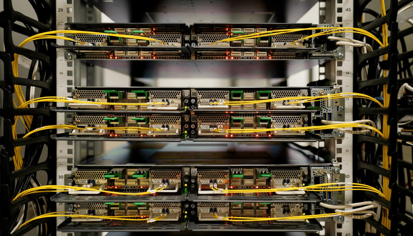 A close-up, professional shot of server racks filled with networking equipment, featuring numerous yellow and white fiber optic cables connected to various ports, with red indicator lights visible on some modules.