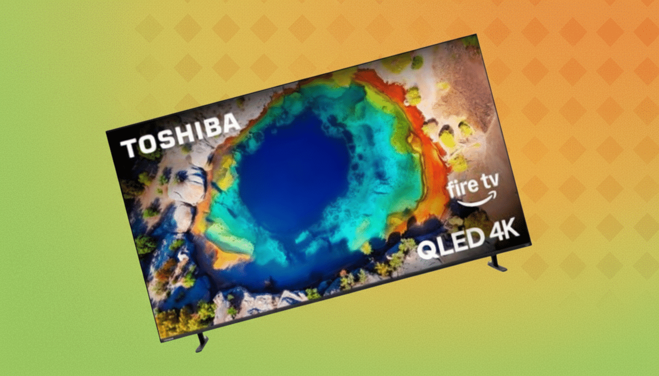 A Toshiba Fire TV QLED 4K television displaying a vibrant image of a colorful hot spring, set against a professional flat design background with soft orange and green gradients and subtle diamond patterns.