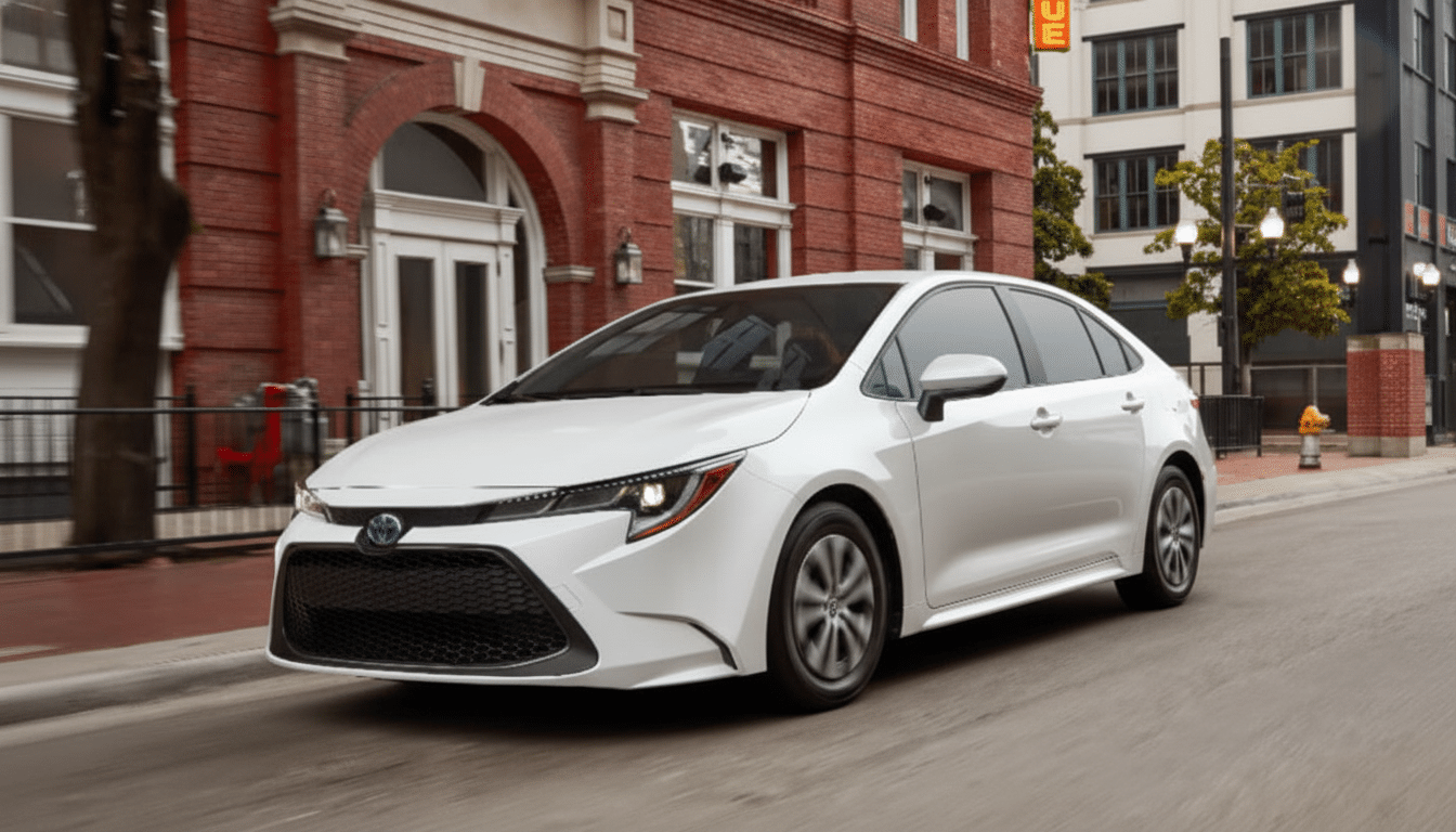 A white Toyota Corolla Hybrid driving on a city street with a red brick building in the background.