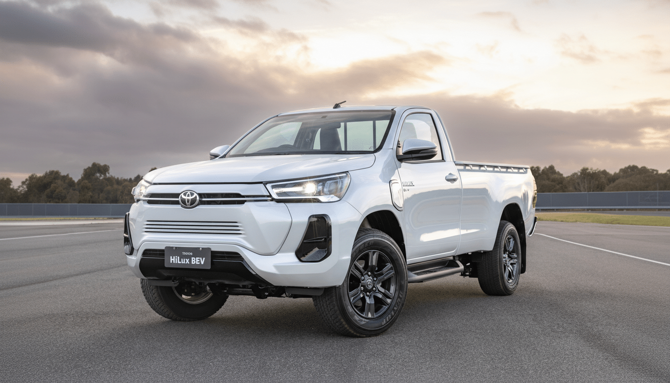 A white Toyota Hilux BEV pickup truck is parked on an asphalt surface with a cloudy sky in the background.