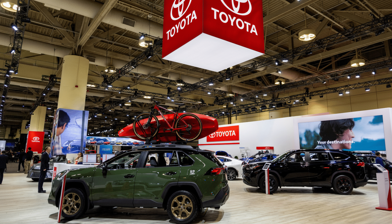 A wide shot of a Toyota car show, featuring several vehicles including a green SUV with a bicycle on its roof rack, and a large red cube with the Toyota logo hanging from the ceiling.
