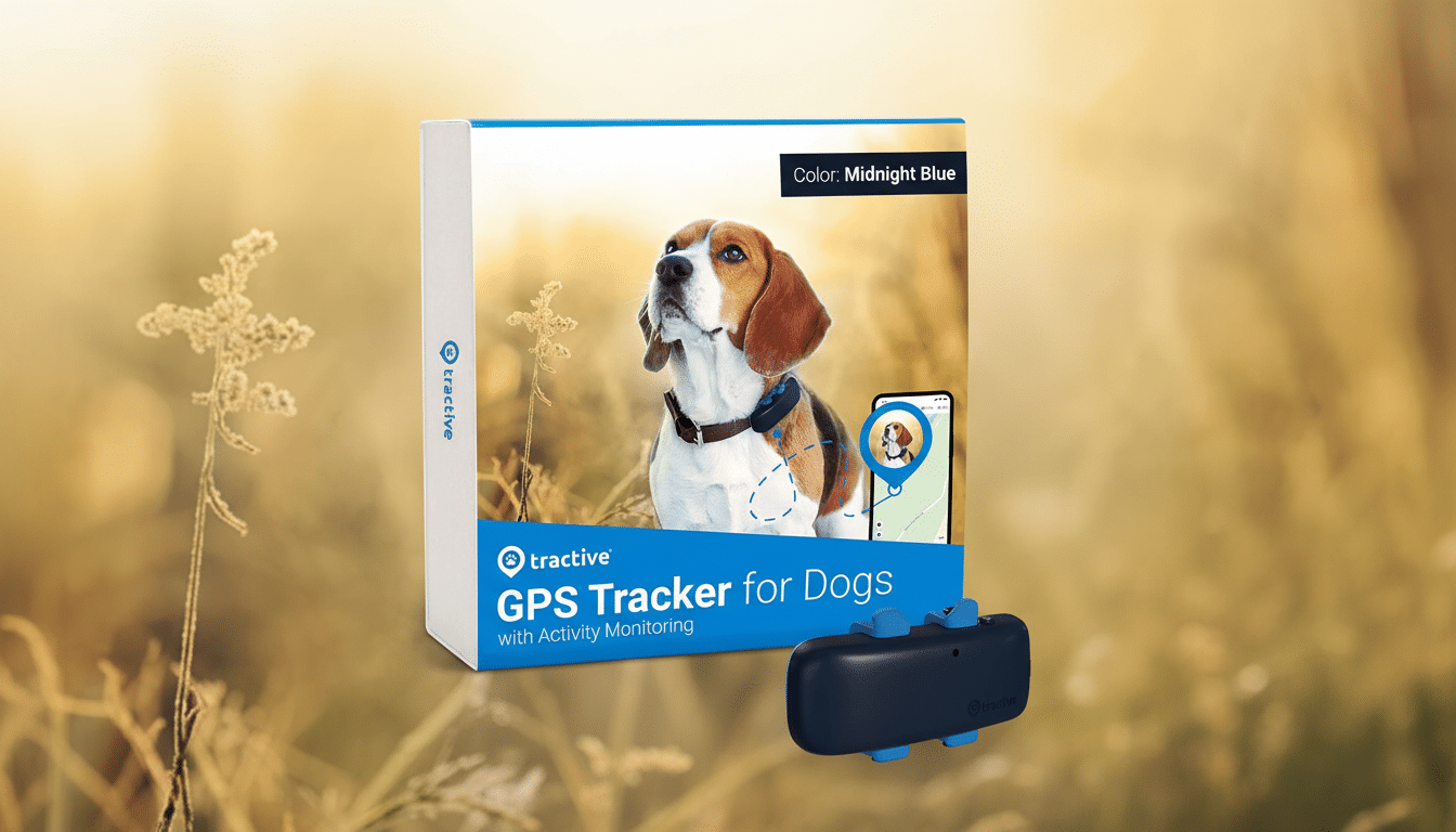 A Tractive GPS Tracker for Dogs box and the tracker device itself, professionally enhanced and resized to a 16:9 aspect ratio, with the original background maintained.