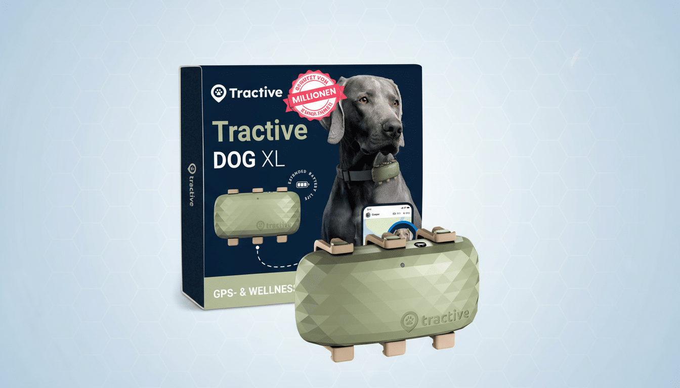 A Tractive DOG XL GPS and wellness tracker for dogs, shown with its packaging and a dog wearing the device, presented on a professional light blue background with a subtle hexagonal pattern.