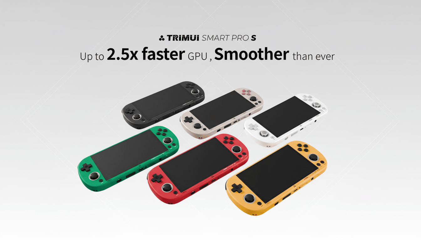 A 16:9 aspect ratio image featuring six Trimui Smart Pro S handheld gaming consoles in various colors (black, beige, white, green, red, and yellow) arranged on a professional flat design background with soft patterns. The text TRIMUI SMART PRO S Up to 2.5x faster GPU, Smoother than ever is displayed at the top.