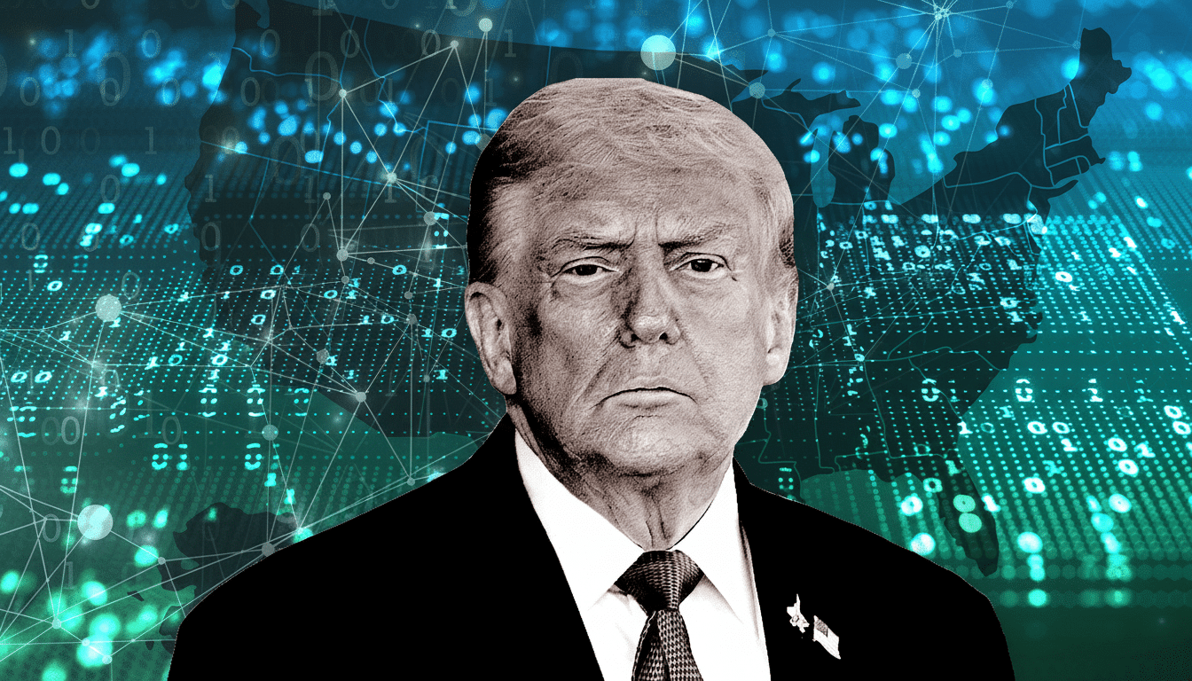 A professional image of Donald Trump in a suit and tie, set against a background of binary code and a map of the United States, resized to a 16:9 aspect ratio.