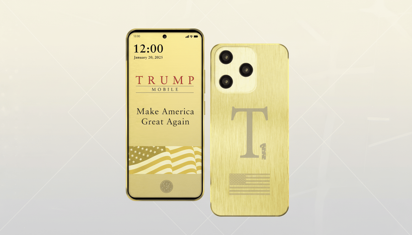 Trump Mobile Gold T1 smartphone with gold finish and prominent logo branding
