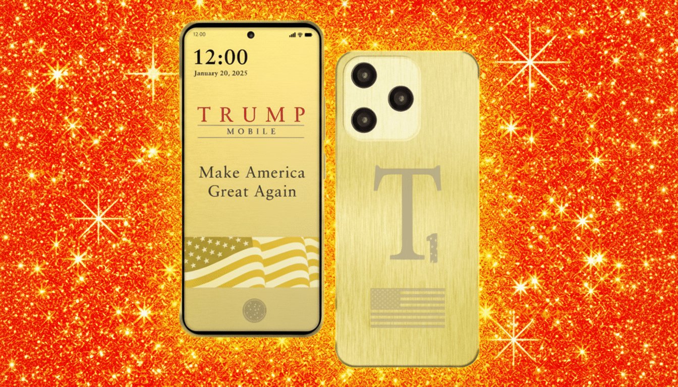 A gold-colored smartphone with TRUMP MOBILE and Make America Great Again on its screen, next to a matching gold phone case with a large T and an American flag, all against a sparkling orange background.