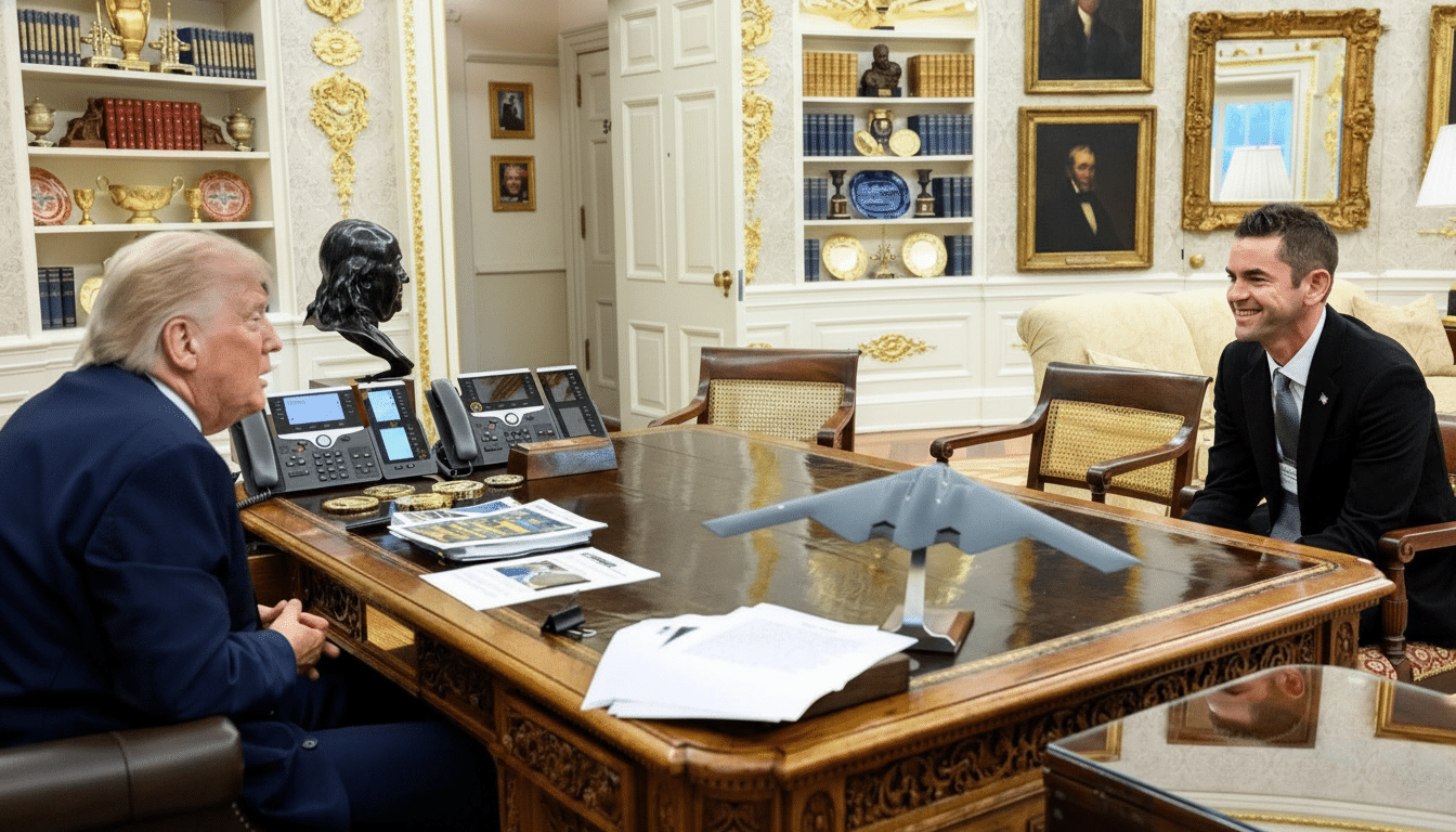 Donald Trump and a man in a suit sit across a large wooden desk from each other, with a model airplane between them.