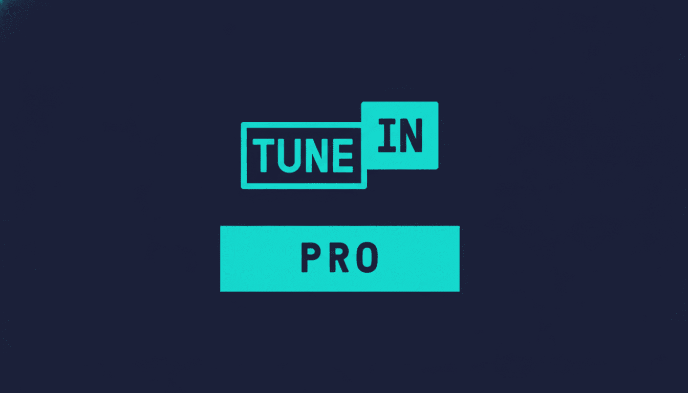 The TuneIn Pro logo, featuring TUNE in a rectangular outline and IN in a filled rectangle, both in teal, with PRO in a filled teal rectangle below, all on a dark blue background.