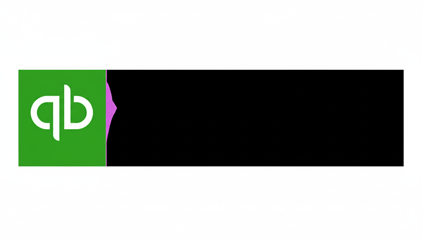 A 16:9 aspect ratio image featuring the QuickBooks logo on a green background with a purple accent, next to a black rectangular space.