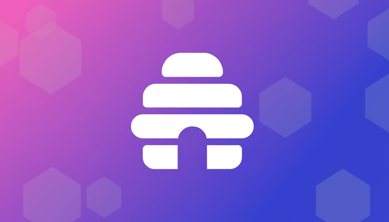 A white beehive icon centered on a 16:9 aspect ratio background with a pink and purple gradient, featuring subtle hexagonal patterns.