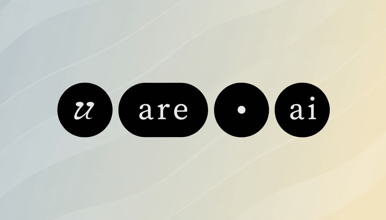 The text u are • ai is displayed in white letters within four black shapes: three circles and one rounded rectangle. The background is a soft gradient with subtle wave patterns.