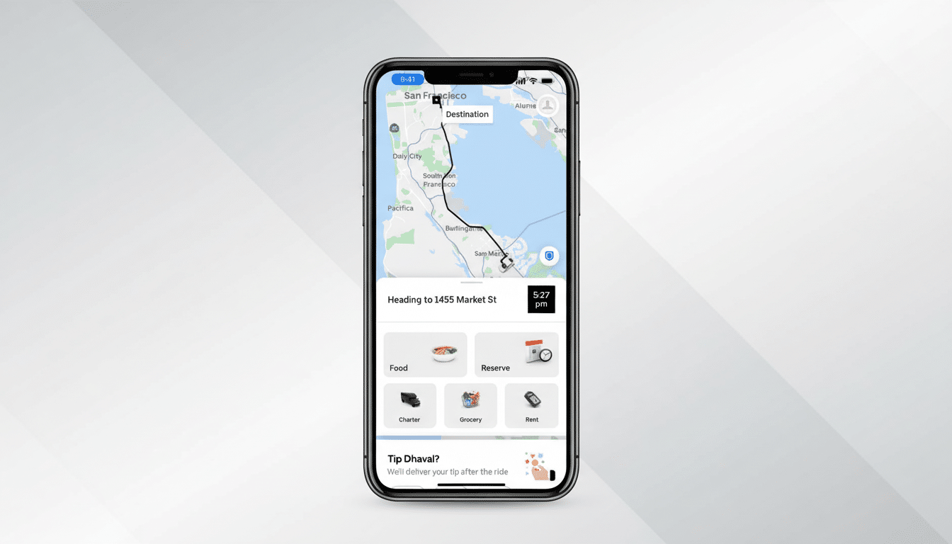 A smartphone displaying the Uber app interface, showing a map with a route from San Francisco to a destination, along with options for food, reserve, charter, grocery, and rent. The phone is set against a professional, clean background with a subtle gradient.