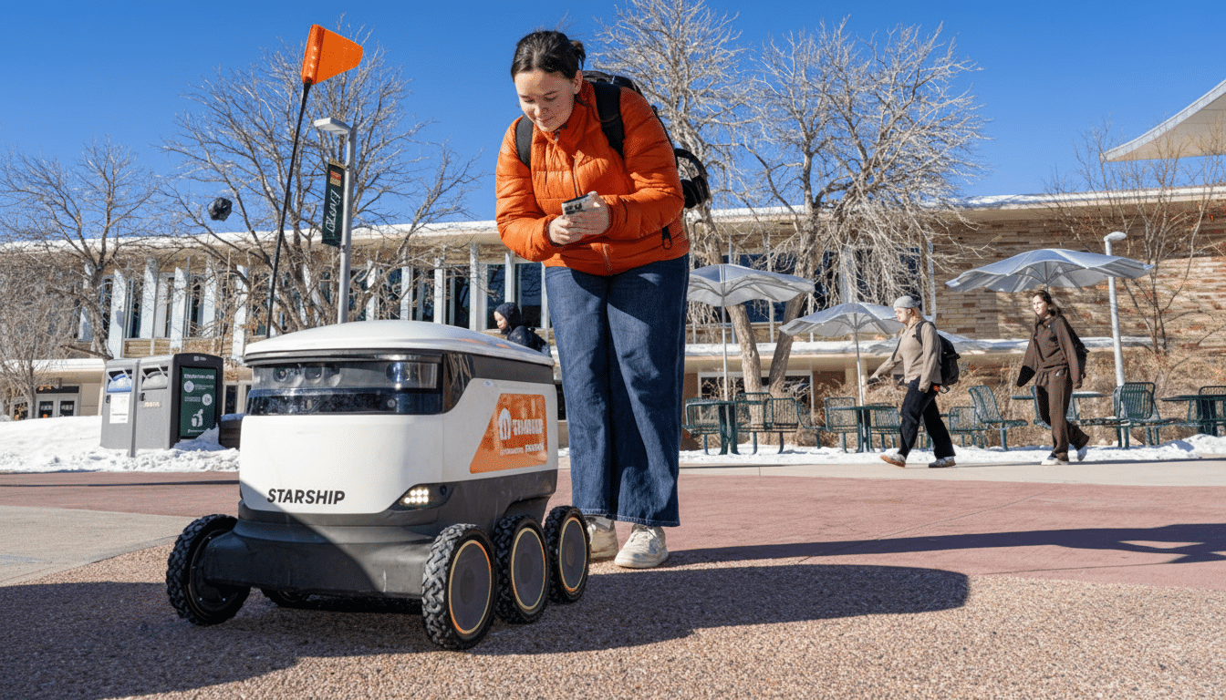 A young woman in an orange jacket and jeans interacts with a Starship delivery robot on a sunny, snowy campus.