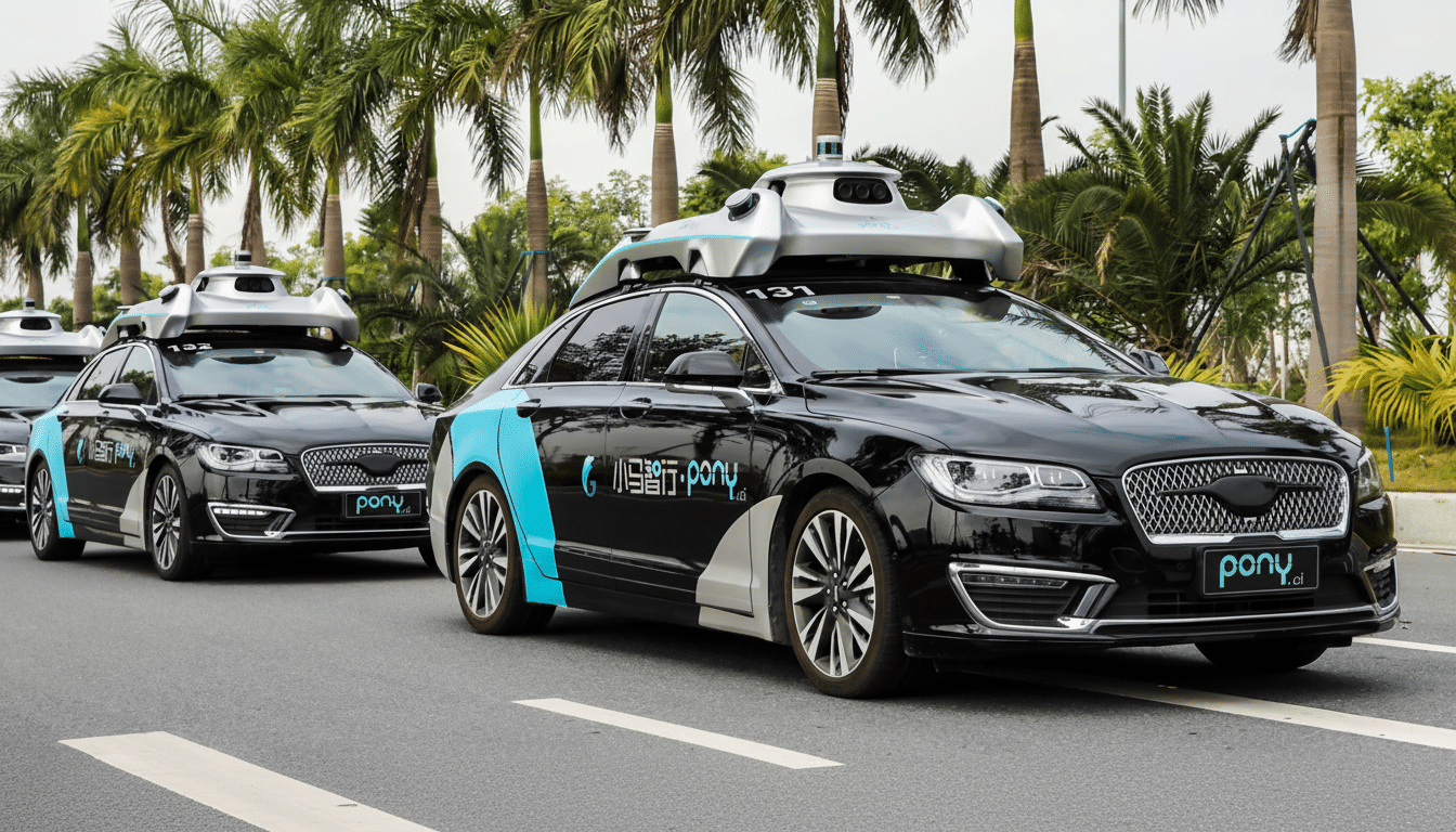 A fleet of black Pony.ai autonomous vehicles with light blue accents driving on a road lined with palm trees.