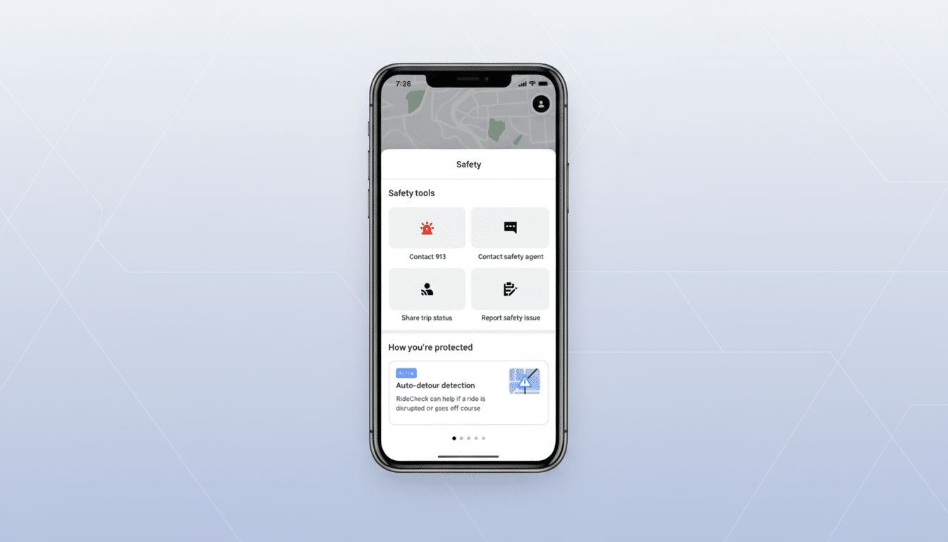 A smartphone displaying a safety app interface, resized to a 16:9 aspect ratio with a professional flat design background.