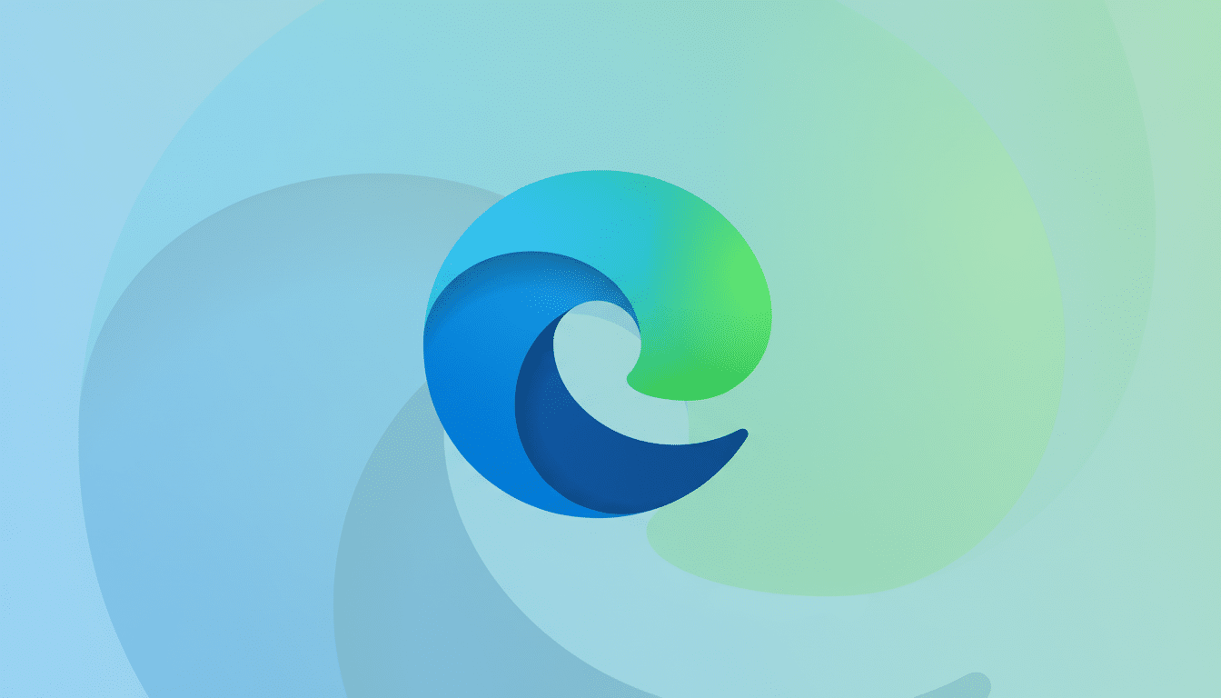 The Microsoft Edge logo, a stylized blue and green swirl, centered on a professional 16:9 background with soft, swirling blue and green gradients.