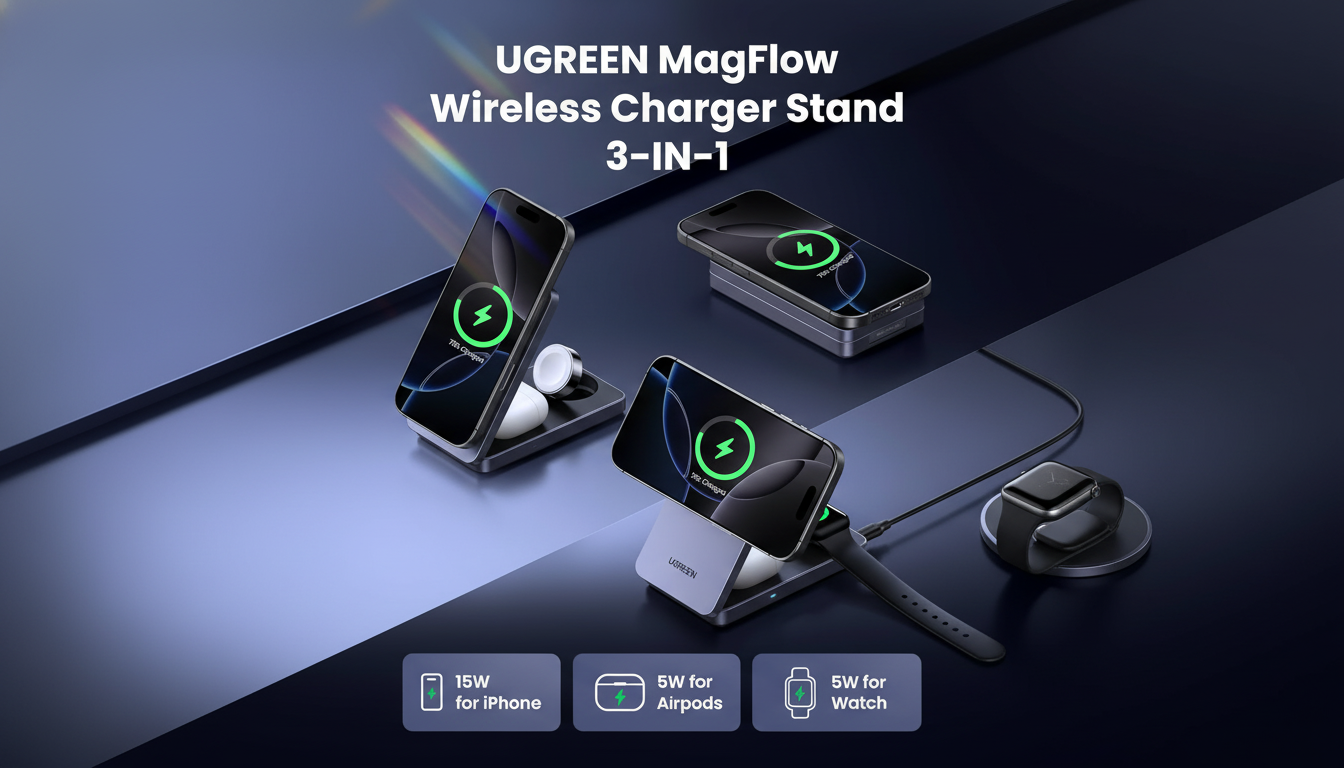 A UGREEN MagFlow Wireless Charger Stand 3-in-1, charging an iPhone, AirPods, and an Apple Watch, set against a professional dark background with subtle gradients.