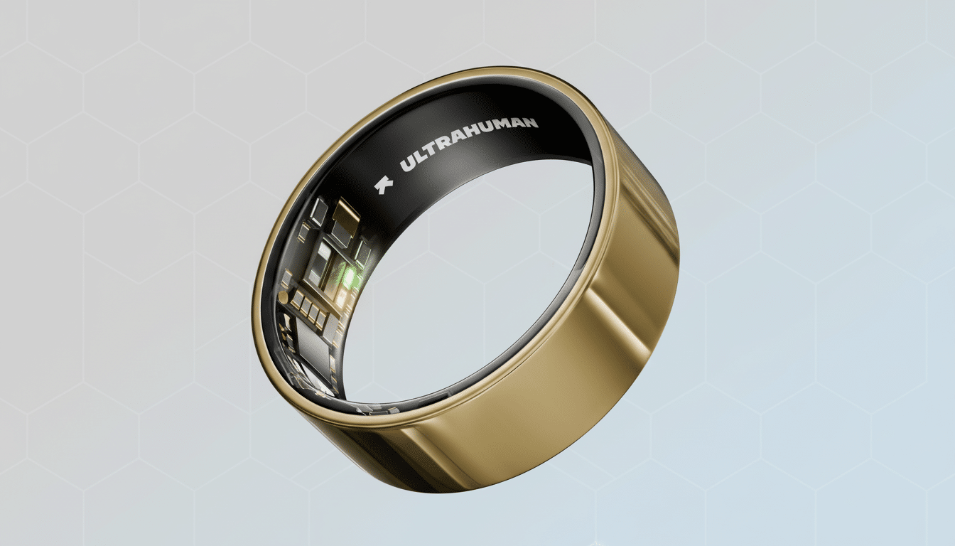 A gold Ultrahuman smart ring with internal circuitry visible, set against a professional light gray background with a subtle hexagonal pattern.
