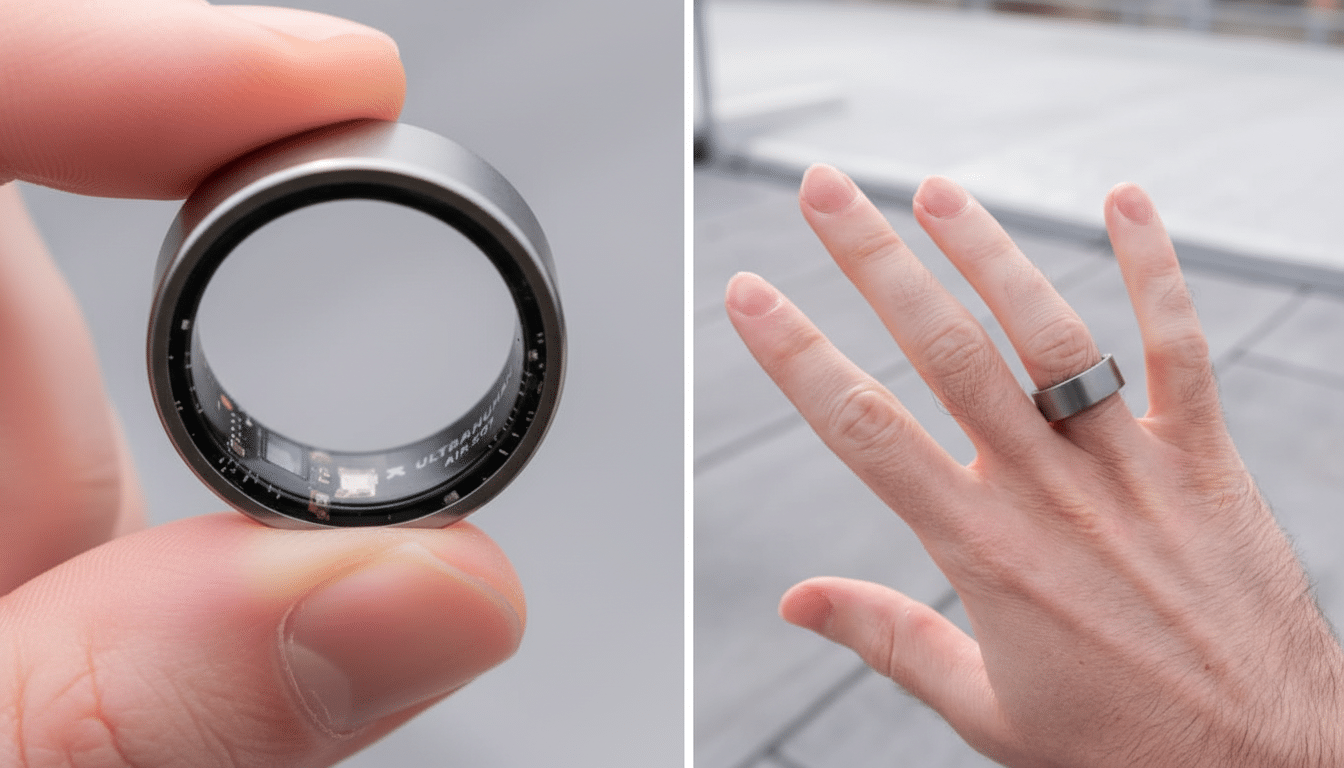 A split image showing a close-up of a silver smart ring held between fingers, revealing its internal components and ULTRAHUMAN AIR 501 text, alongside a wider shot of the same ring worn on a persons ring finger.