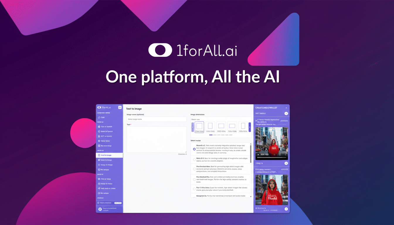 A screenshot of the 1forAll.ai platform interface, showcasing its Text to Image feature. The platforms logo and slogan One platform, All the AI are prominently displayed at the top. The interface shows various AI functionalities listed on the left sidebar, including Assistant, Chat, Voice AI, and Image AI. The main content area displays options for image dimensions, model selection, and a preview of generated images on the right.