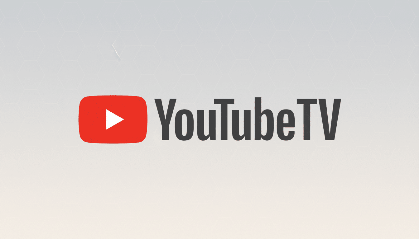 The YouTube TV logo, featuring a red play button icon next to the words YouTube TV in dark gray, centered on a light gray background with a subtle hexagonal pattern.