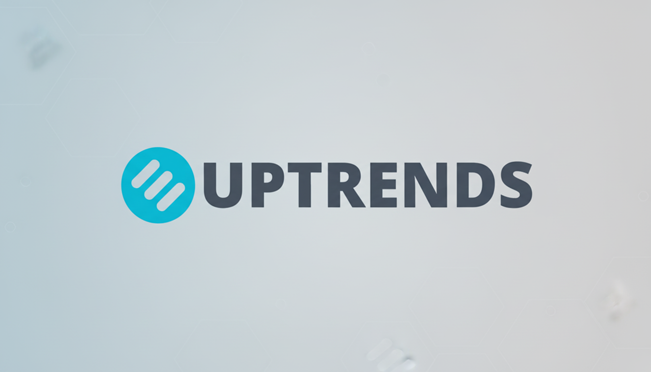The Uptrends logo, featuring a teal circular icon with three white horizontal lines, next to the word UPTRENDS in dark gray, presented on a professional light gray background with subtle geometric patterns.