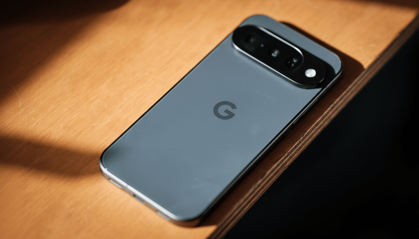 A gray smartphone with a Google logo on its back, featuring a prominent camera bar, resting on a wooden surface.