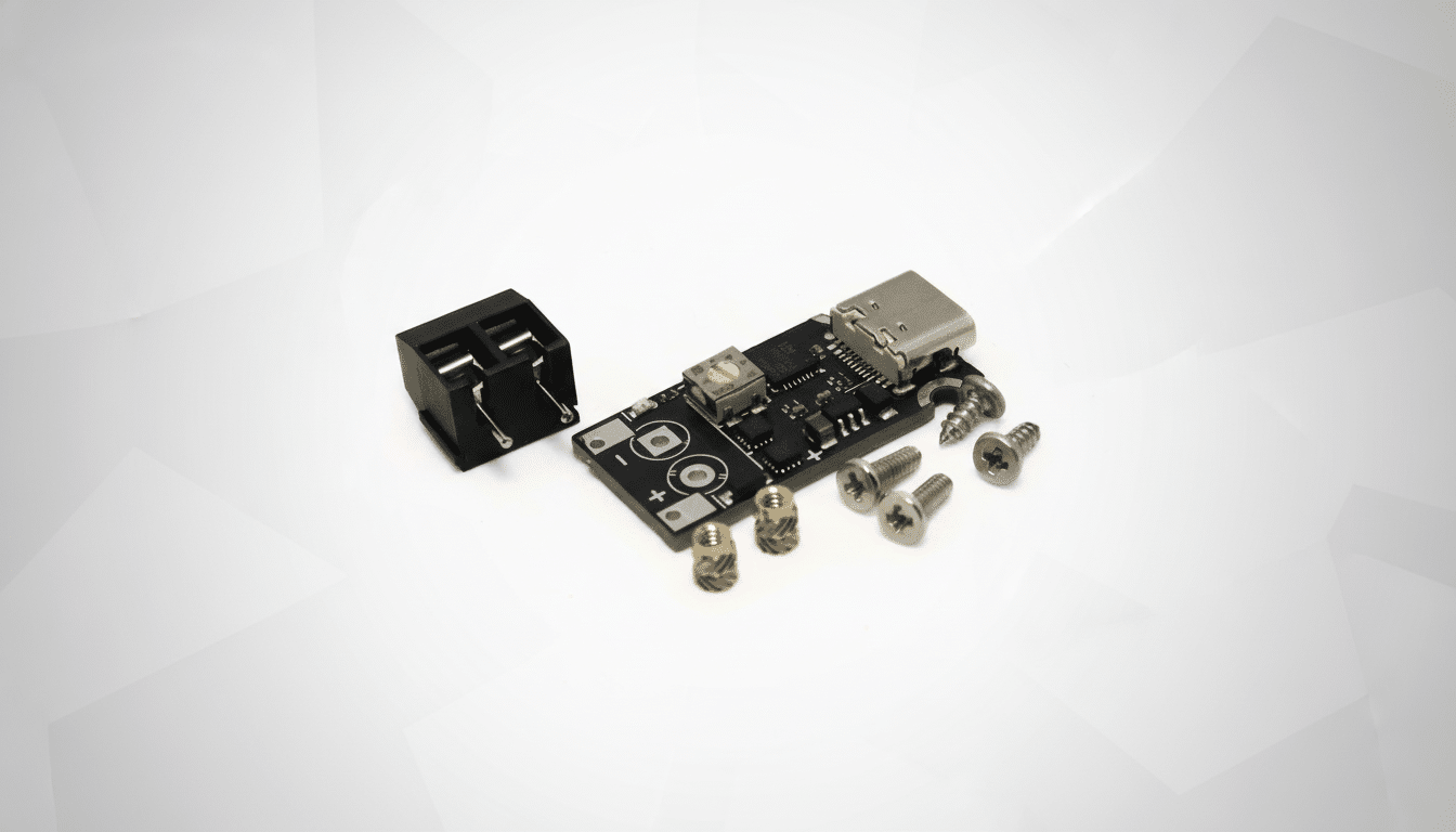 A small black circuit board with a USB-C port, a black connector, and several screws and brass standoffs, all arranged on a white background with a subtle geometric pattern.