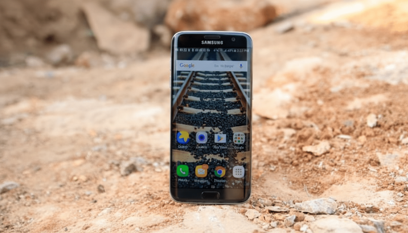 A Samsung smartphone displayed on a dirt ground, resized to a 16:9 aspect ratio.