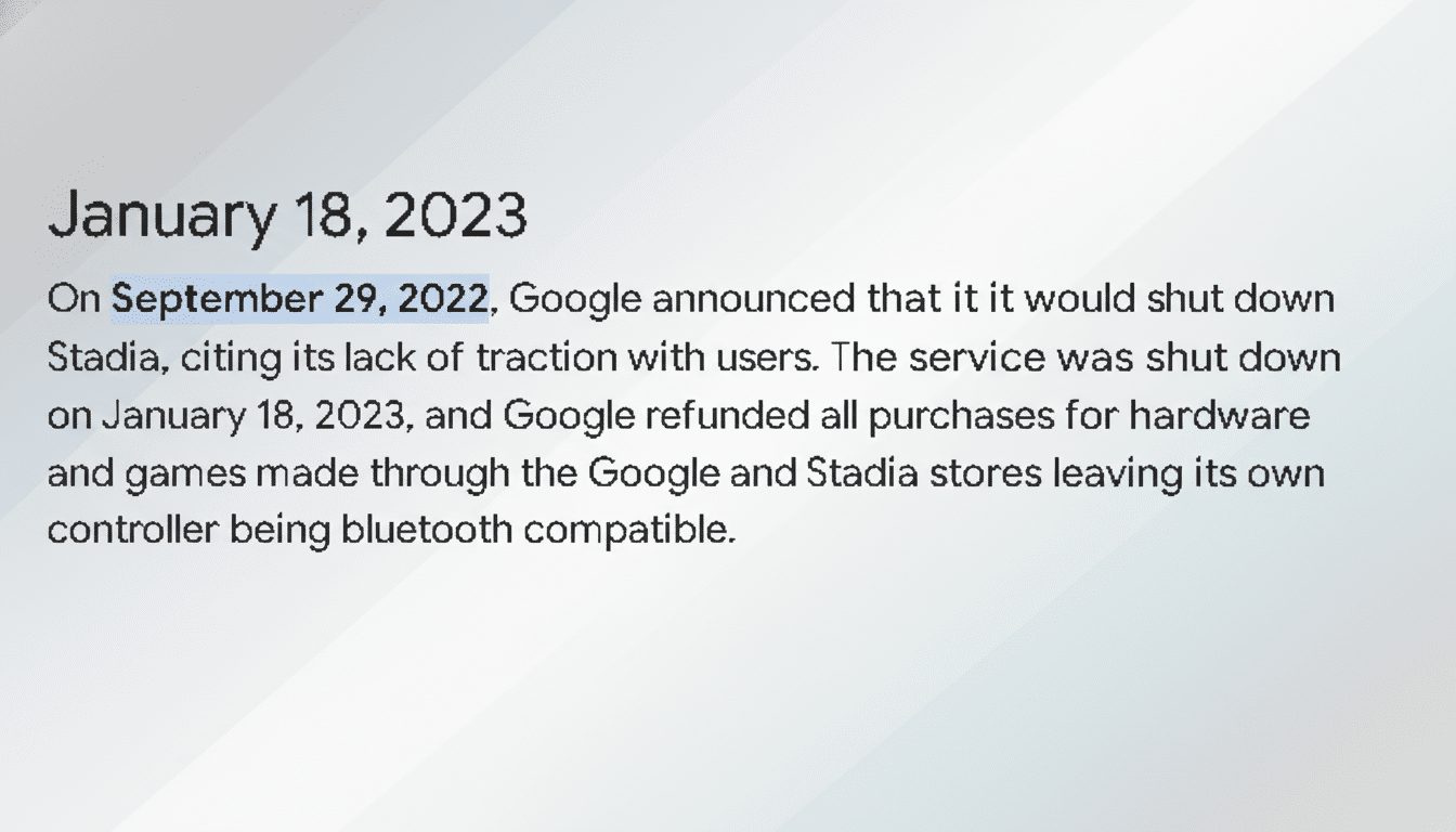 A screenshot of text detailing Googles announcement to shut down Stadia on September 29, 2022, and its subsequent shutdown on January 18, 2023, with refunds issued for hardware and games.