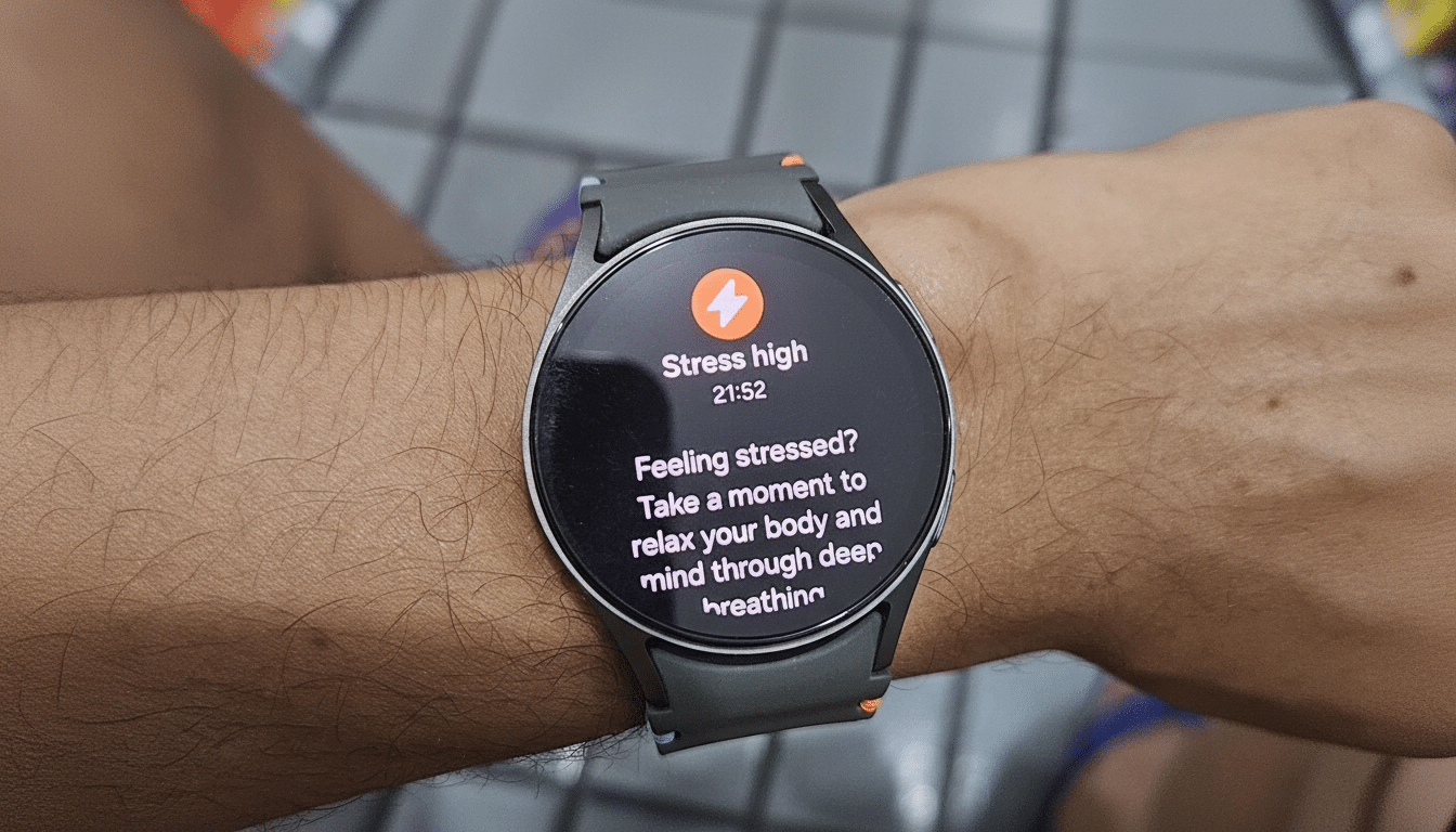 A close-up of a smartwatch on a persons wrist, displaying a Stress high notification with a lightning bolt icon and a suggestion to relax through deep breathing.