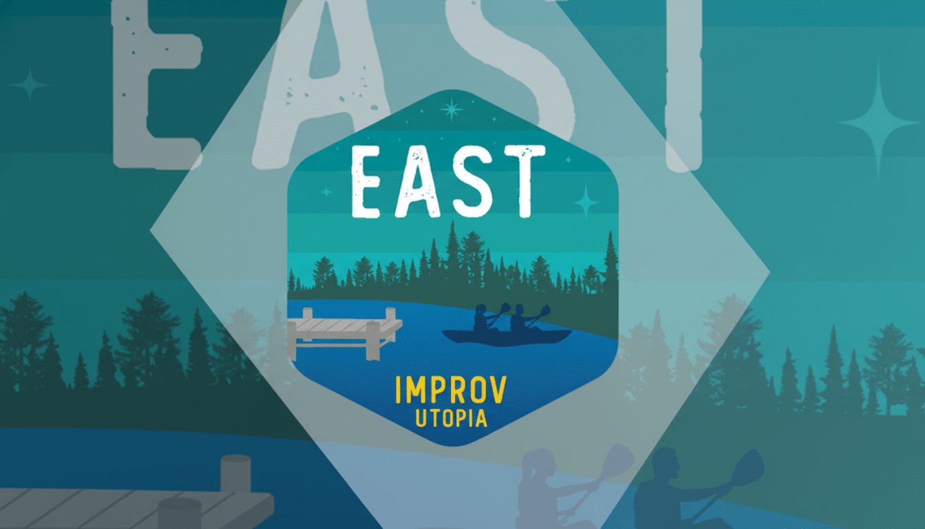 A 16:9 aspect ratio image featuring the EAST IMPROV UTOPIA logo. The logo is a hexagonal shape with a teal and dark blue background depicting a forest, a lake with a dock, and two people in a canoe. The word EAST is prominently displayed in white at the top, and IMPROV UTOPIA is in yellow at the bottom. The logo is set against a blurred, professional background that subtly extends the visual elements of the logo, maintaining a clean and enhanced presentation.