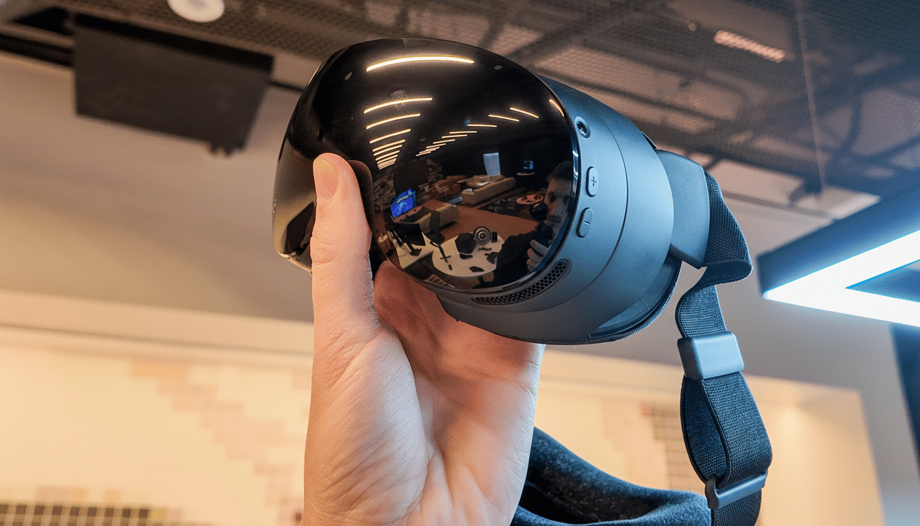 A hand holding a black virtual reality headset with a reflective front panel, showcasing the surrounding environment.