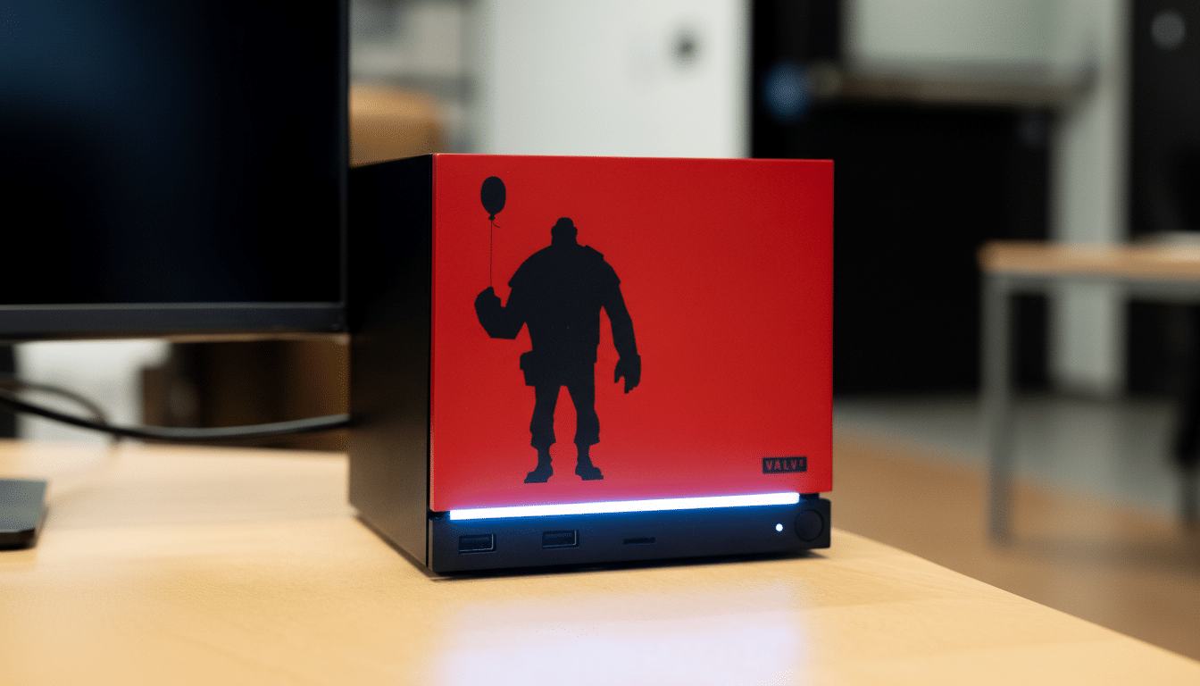 A black and red Valve Steam Deck console with a silhouette of a character holding a balloon, resized to a 16:9 aspect ratio.