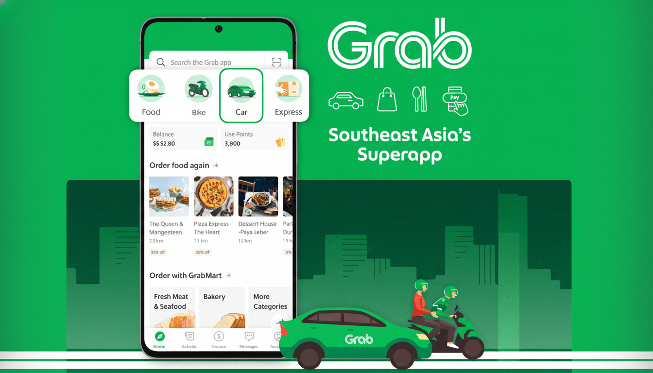 A professional, enhanced image of the Grab app interface on a smartphone, with the Grab logo and Southeast Asias Superapp text, and illustrations of a Grab car and a Grab bike with riders, all set against a green background with subtle city outlines.